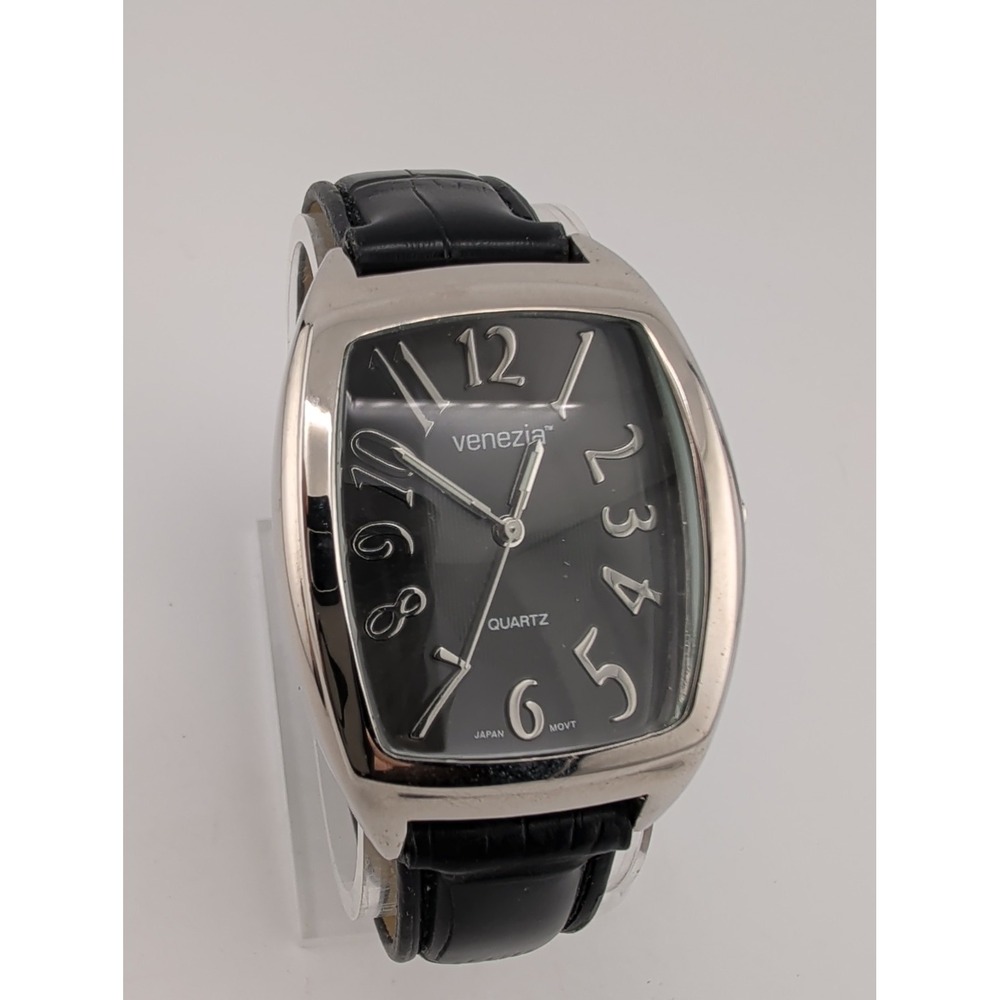 Venezia Men's Watch 35mm Silver Case Black Faux Leather Band- New Battery